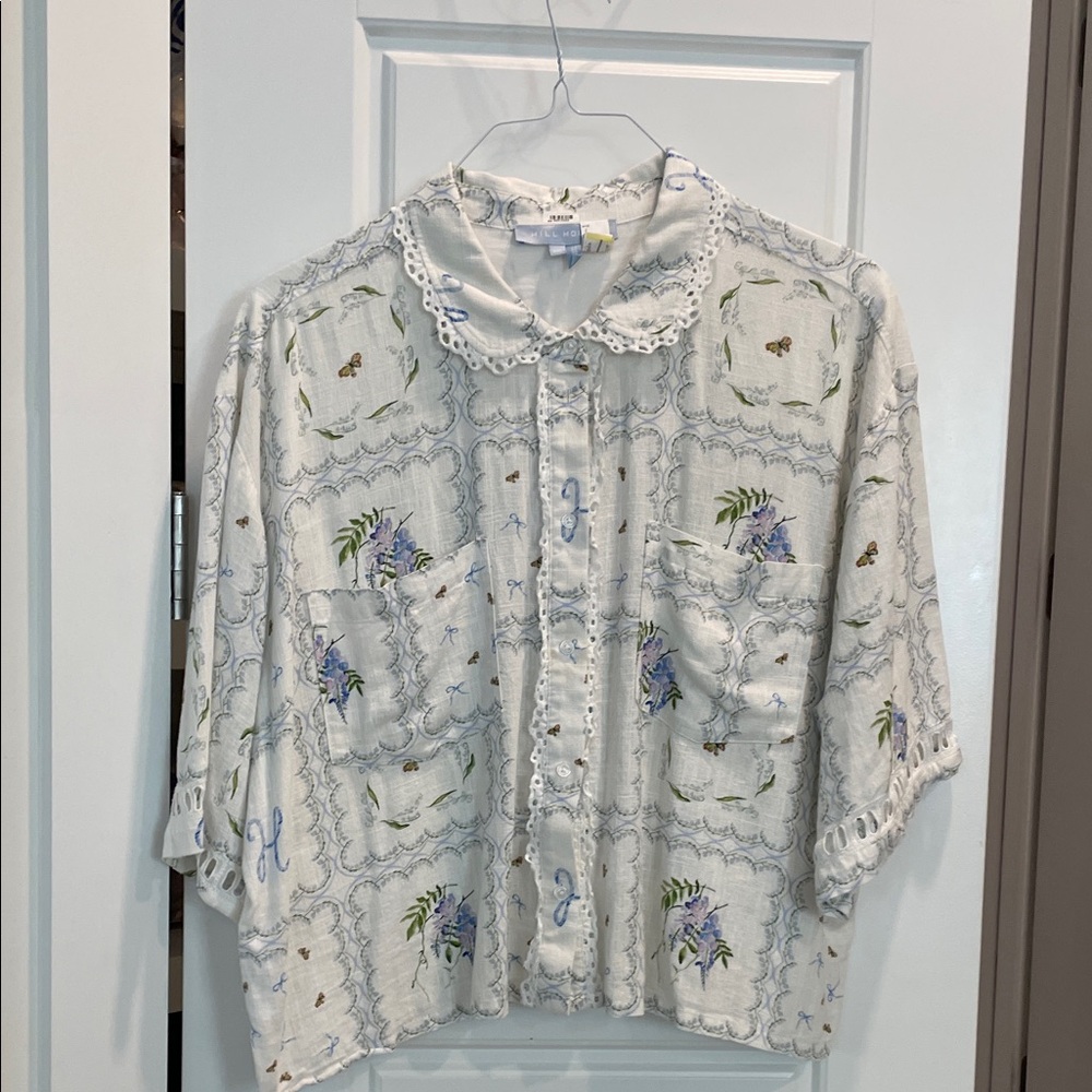 Hill House Blue and White Lace Trim Blouse